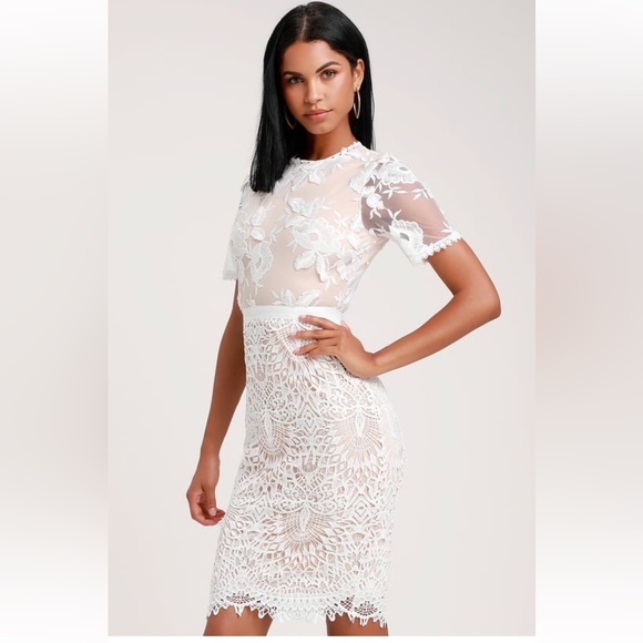 Lulus Dresses & Skirts - Kaleigh white and nude lace short sleeve midi dress